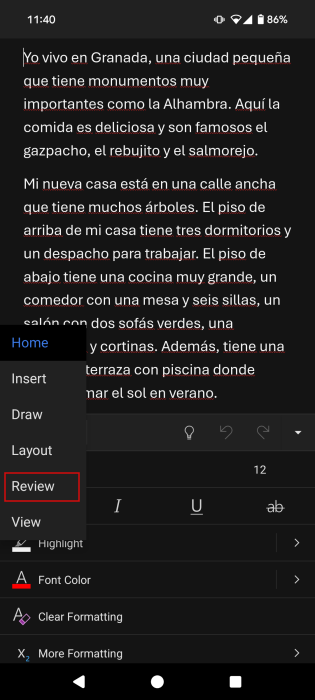 Switching to "Review" in Word document on Android. 