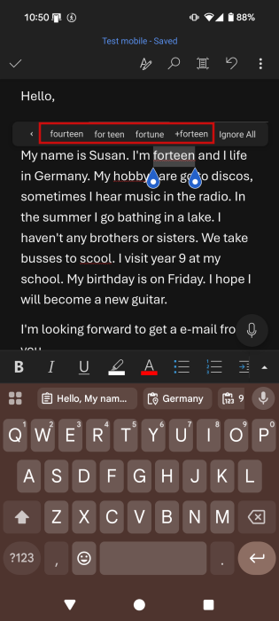 Viewing suggestions for spelling mistake in Word on Android. 