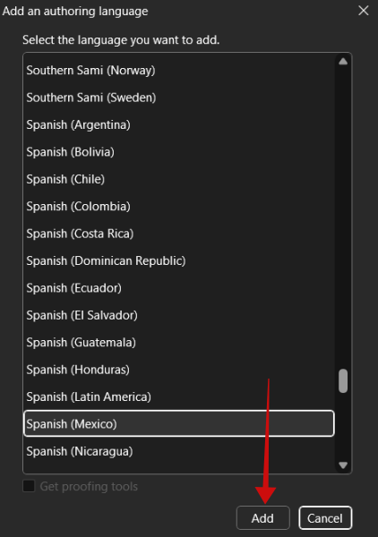 Pressing "Add" button to add new language to Word on PC. 