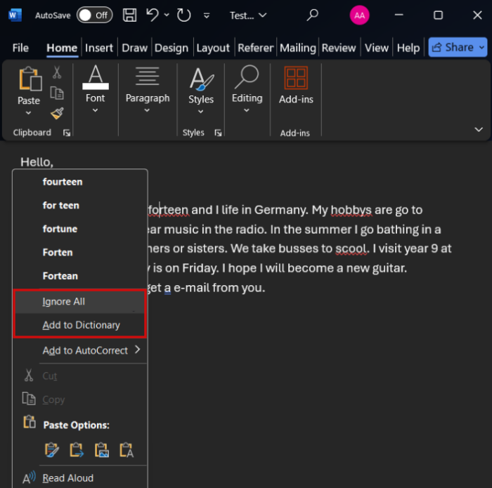 Pressing the "Ignore All" button in context menu for spelling mistake in Word on PC. 