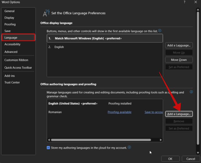 Pressing on "Add Language" option in Word on PC. 