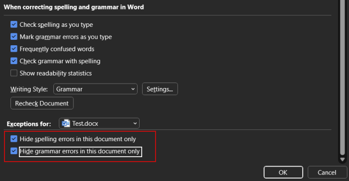 Enabling options to hide spelling errors only for select document in Word. 