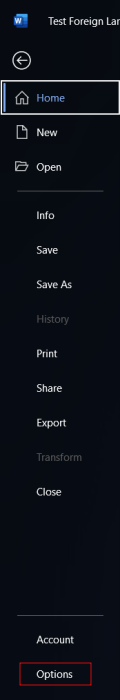 Pressing on "Options" option under File menu in Word on PC. 
