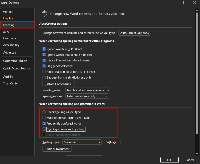 Customizing proofing options in Word on PC. 