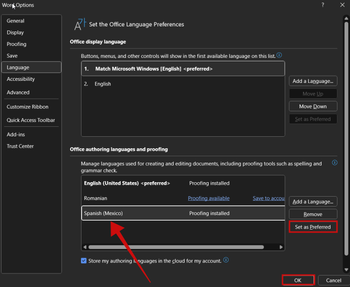 Setting new language as preferred in Word on PC. 