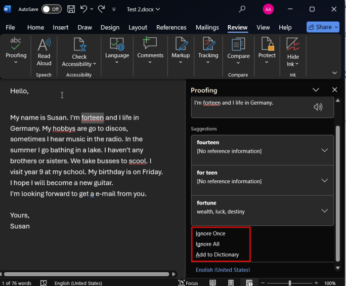 Viewing suggestions for spelling mistake after using "Spelling & Grammar" option in Word on PC. 
