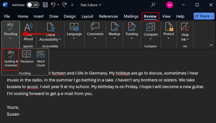 Turning on "Spelling & Grammar" option in Word document on PC. 