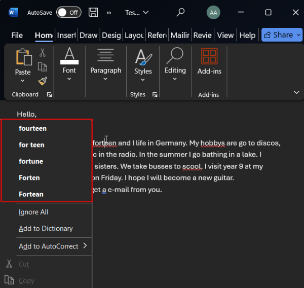 Checking suggestions for spelling error in Word on PC. 