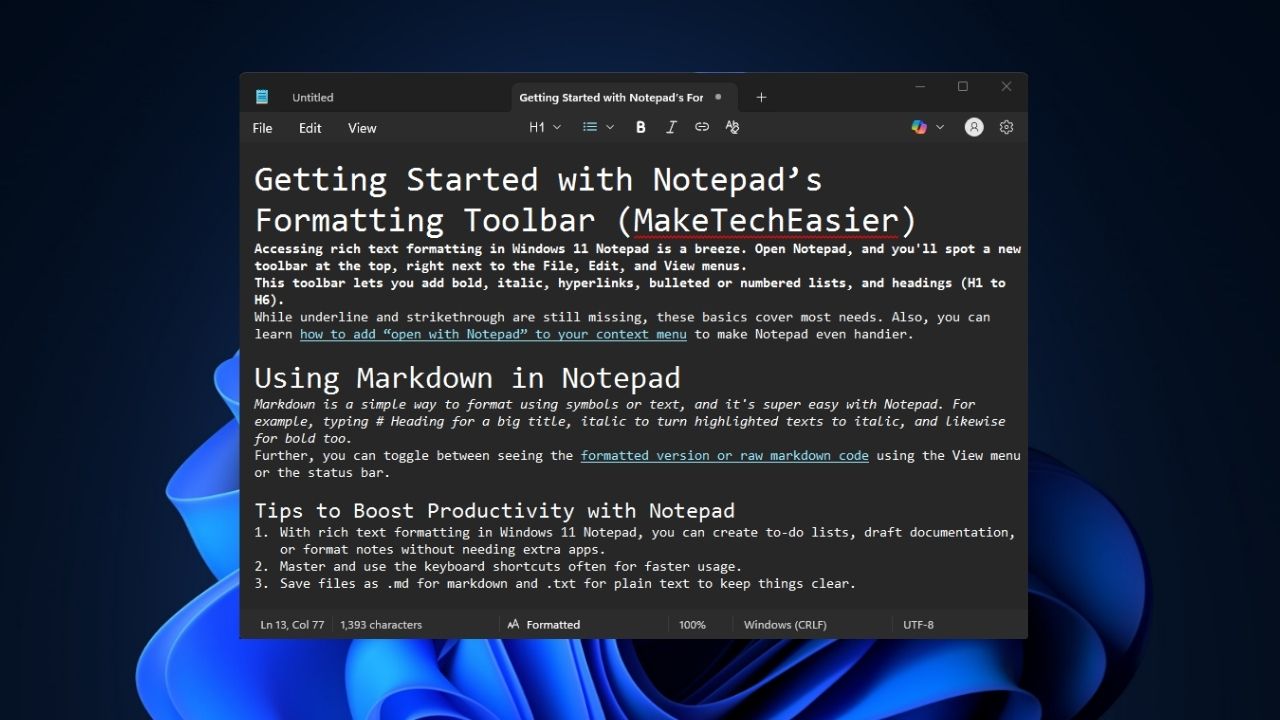 Rich Text Formatting Windows 11 Notepad