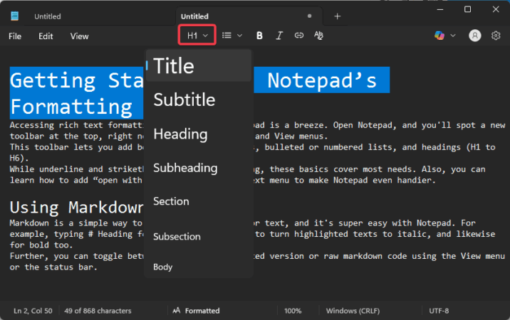Notepad Windows Labeling Use Markdown and Rich Text Formatting in Windows 11 Notepad - Make Tech ...