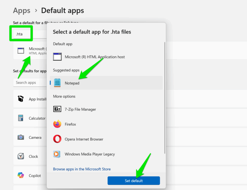 setting Notepad as default app in WIndows settings