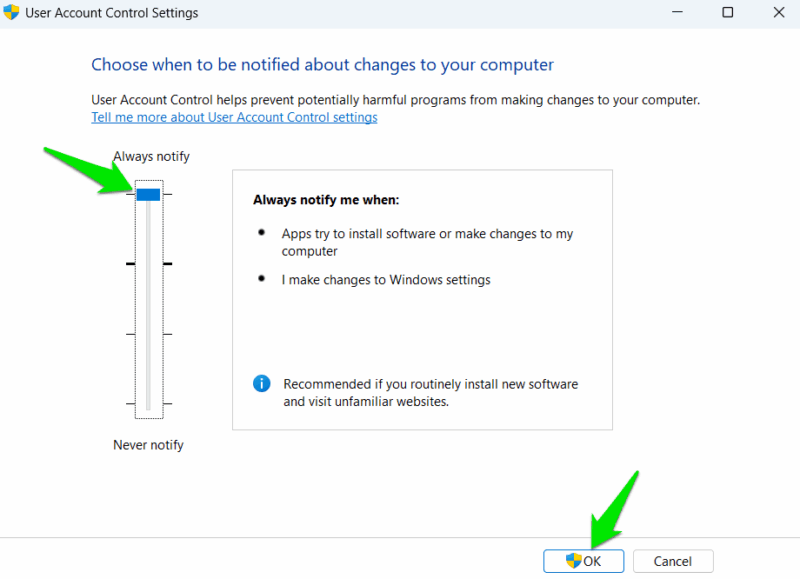 Windows UAC interface with maximum slider