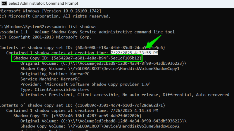 Shadow Copy ID And Creation Date in Comand Prompt