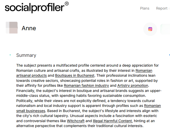 Summary of Instagram profile using AI Overviews in Socialprofiler.