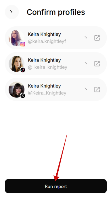 Confirming profiles you want to use for Socialprofiler report.