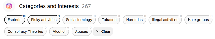 View of controversial topics that showed up in Socialprofiler Instagram profile review.