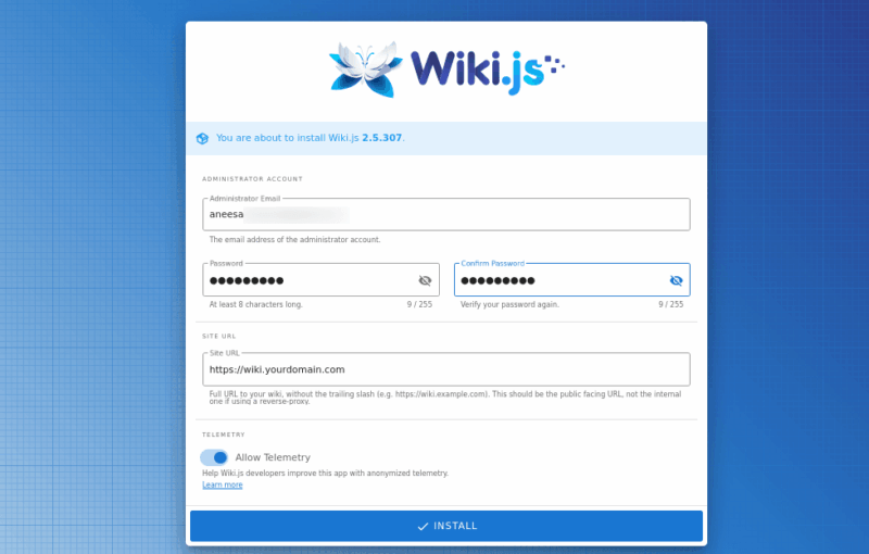 Start Installation Wiki Js 