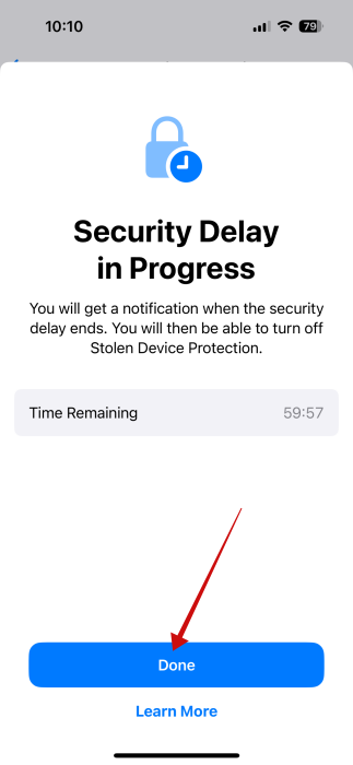 Countdown starts for Security Delay on iPhone. 