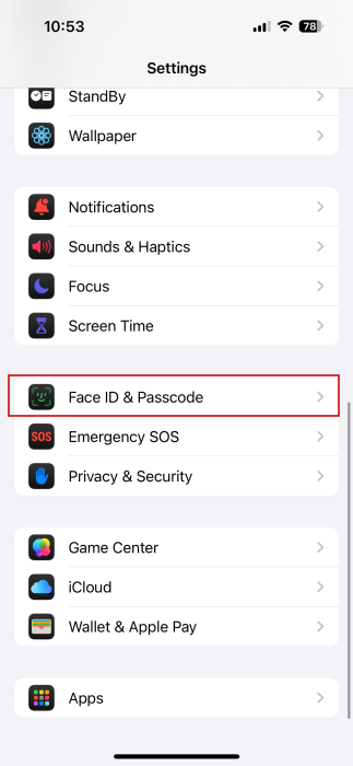 Accessing "Face ID & Password" in iPhone Settings. 