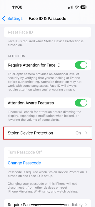 Selecting "Stolen Device Protection" option in iPhone Settings.