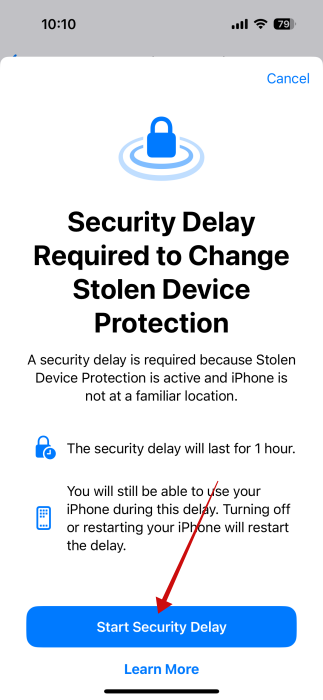 Pressing "Start Security Delay" to turn off Stolen Device Protection on iPhone. 