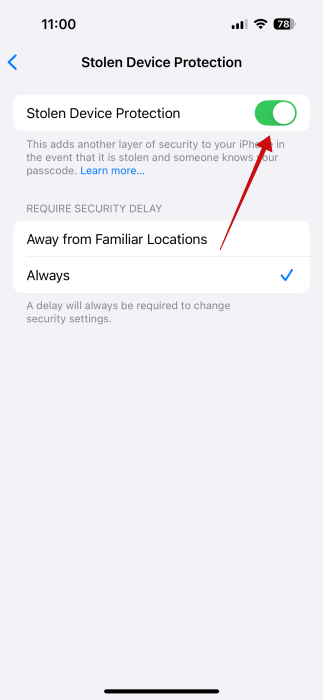 Toggling off "Stolen Device Protection" option on iPhone. 