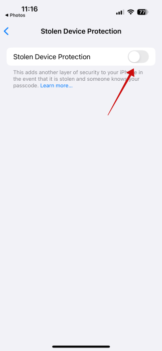Turning "Stolen Device Protection" feature back on on iPhone. 