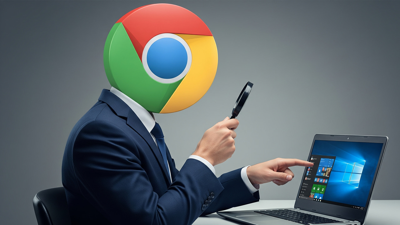 a man with Chrome logo as head pointing at laptop with Windows 10
