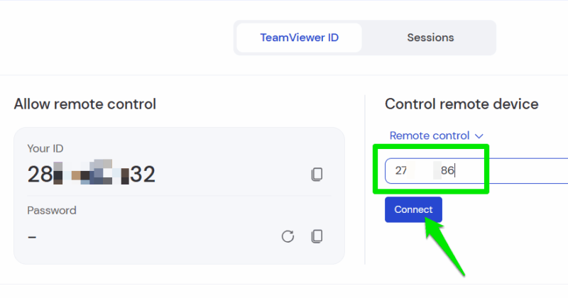 Adding remote session code in TeamViewer