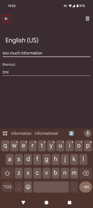 Creating new text shortcut for Gboard on Android.