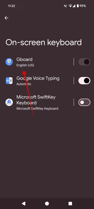 Tapping on Gboard option in Android Settings. 