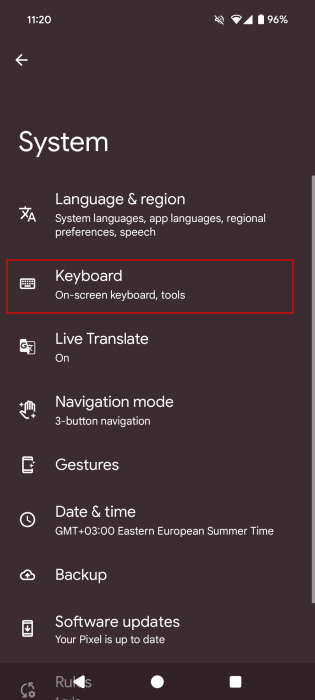 Tapping on "Keyboard" in System Settings on Android.