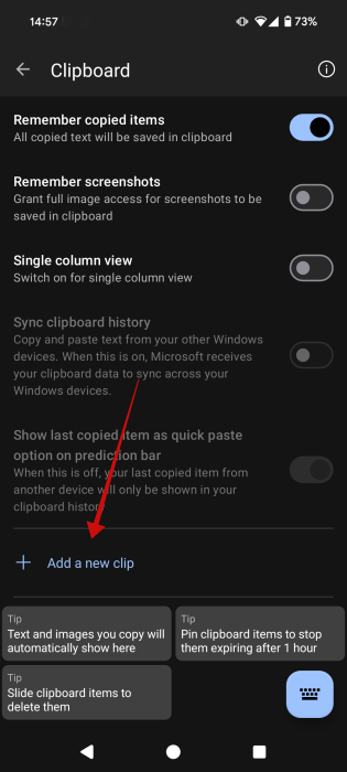 Tapping on "Add a new clip" option in SwiftKey settings. 