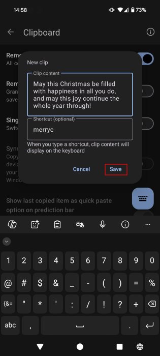 Creating new text shortcut in the SwiftKey app. 