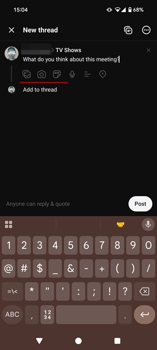 Adding media to new post in Threads app. 