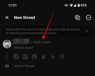 Tapping on "Add a topic" option in Threads app. 