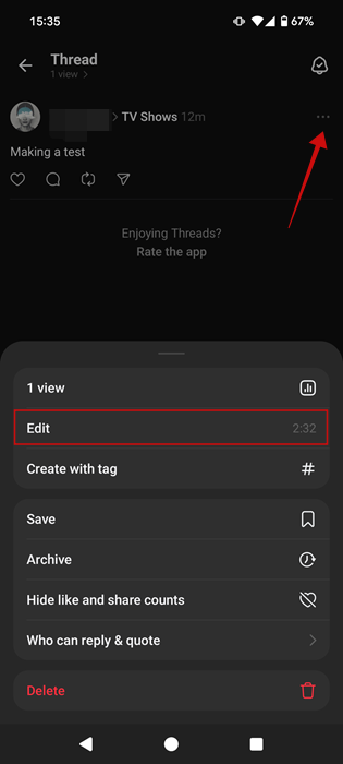Pressing "Edit" on plain existing text post in Threads app. 