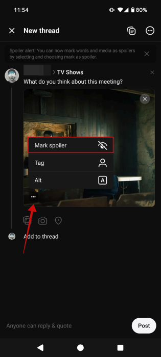 Opting for "Mark spoiler" option on post with image attached on Threads app. 