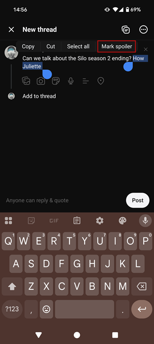Selecting "Mark spoiler" for text while creating new Threads post. 