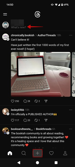 Tapping on "What's new" bar in Threads app. 