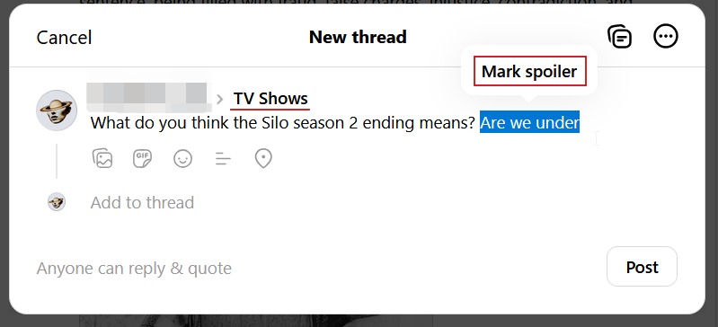 Marking text as spoiler in new post on Thread on PC. 