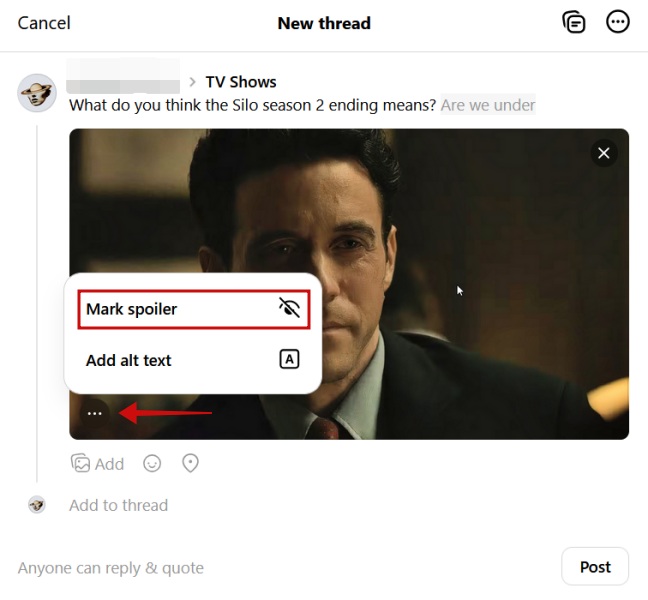 Using "Mark spoiler" option for media in Threads on PC. 