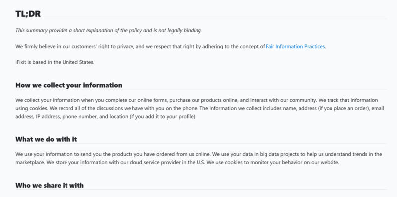 TLDR of iFixit privacy policy