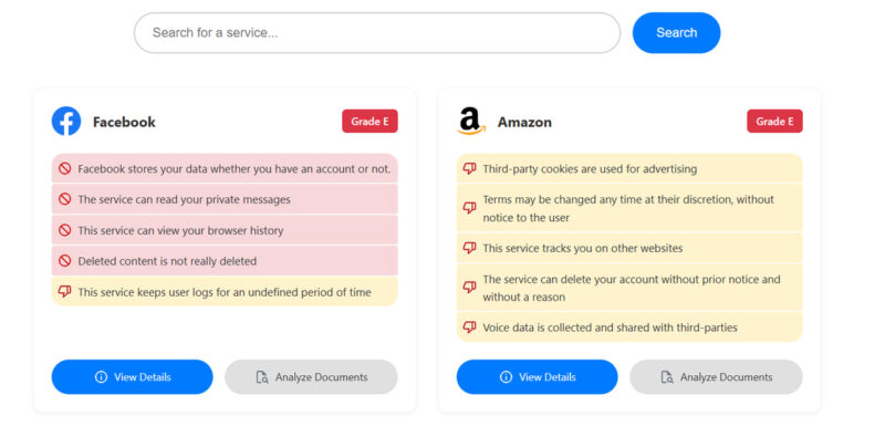 TOS;DR showing Facebook and Amazon rating