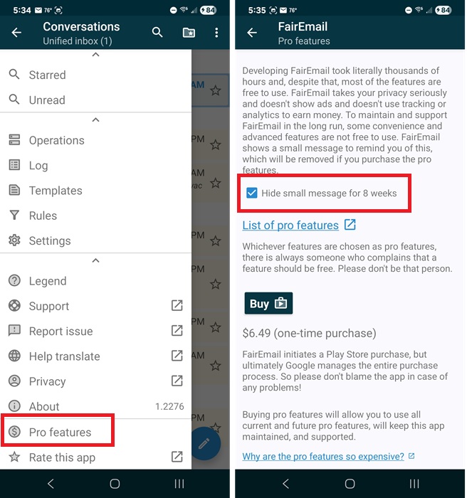 Hiding Pro upgrade message.