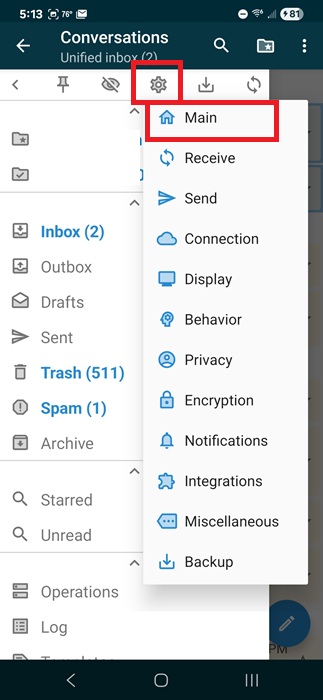 Accessing the Main menu in FairEmail.