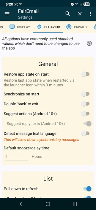 Browsing Behavior settings.