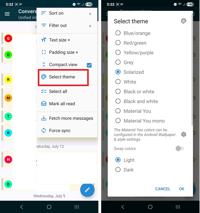 Selecting a new theme in FairEmail.
