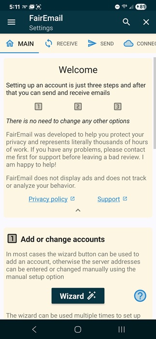 Adding new email accounts with the Wizard option.