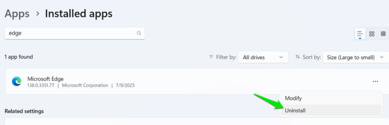 Uninstalling Microsoft Edge in Windows 11
